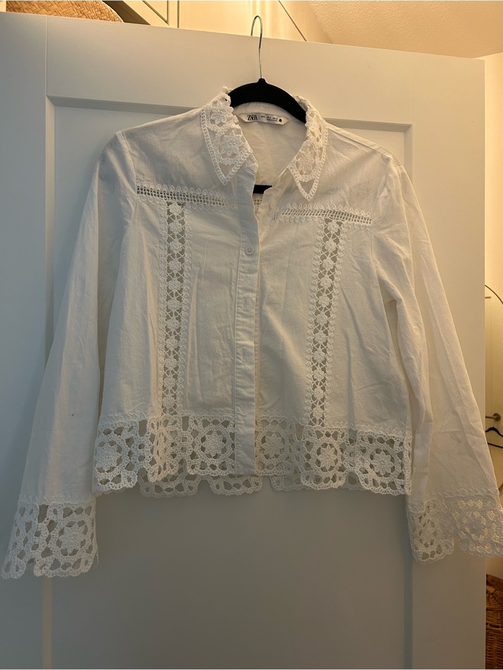 Zara White Crochet-Trim Button Down Shirt/Jacket